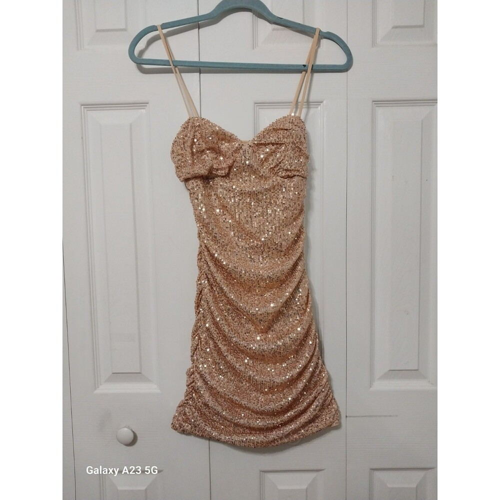 Hello Molly Sequin Dress Mini Cocktail Party Blush Adjustable Straps SZ Small 4